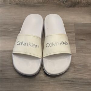 Calvin Klein Cream and White Logo Slide Sandals